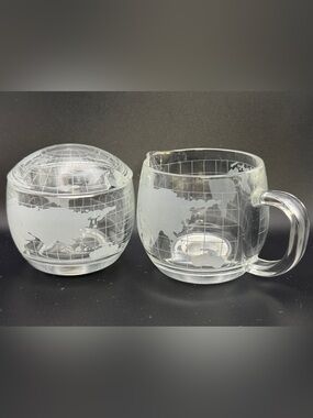 Vintage 1970s Nestle World Globe Etched Glass Creamer & Sugar Bowl with Lid